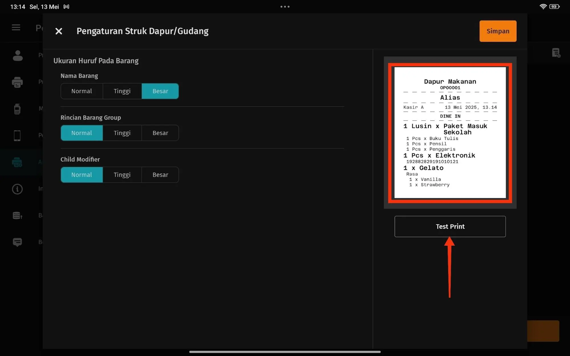 ubah ukuran teks struk gudang/dapur